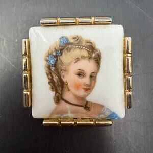 Limoges France Portrait Brooch Hand Painted Porcelain Gold Tone Frame 1.5"